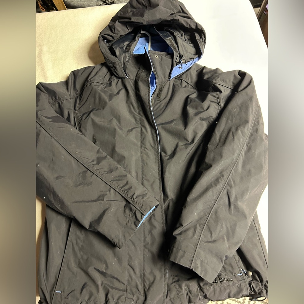 LL Bean L 3-in-1 Black Blue Fleece Nylon Rain Hood Jacket Coat
